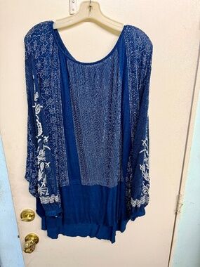 Free People Oversized Navy Blue Bohemian Tunic with White Detailing
